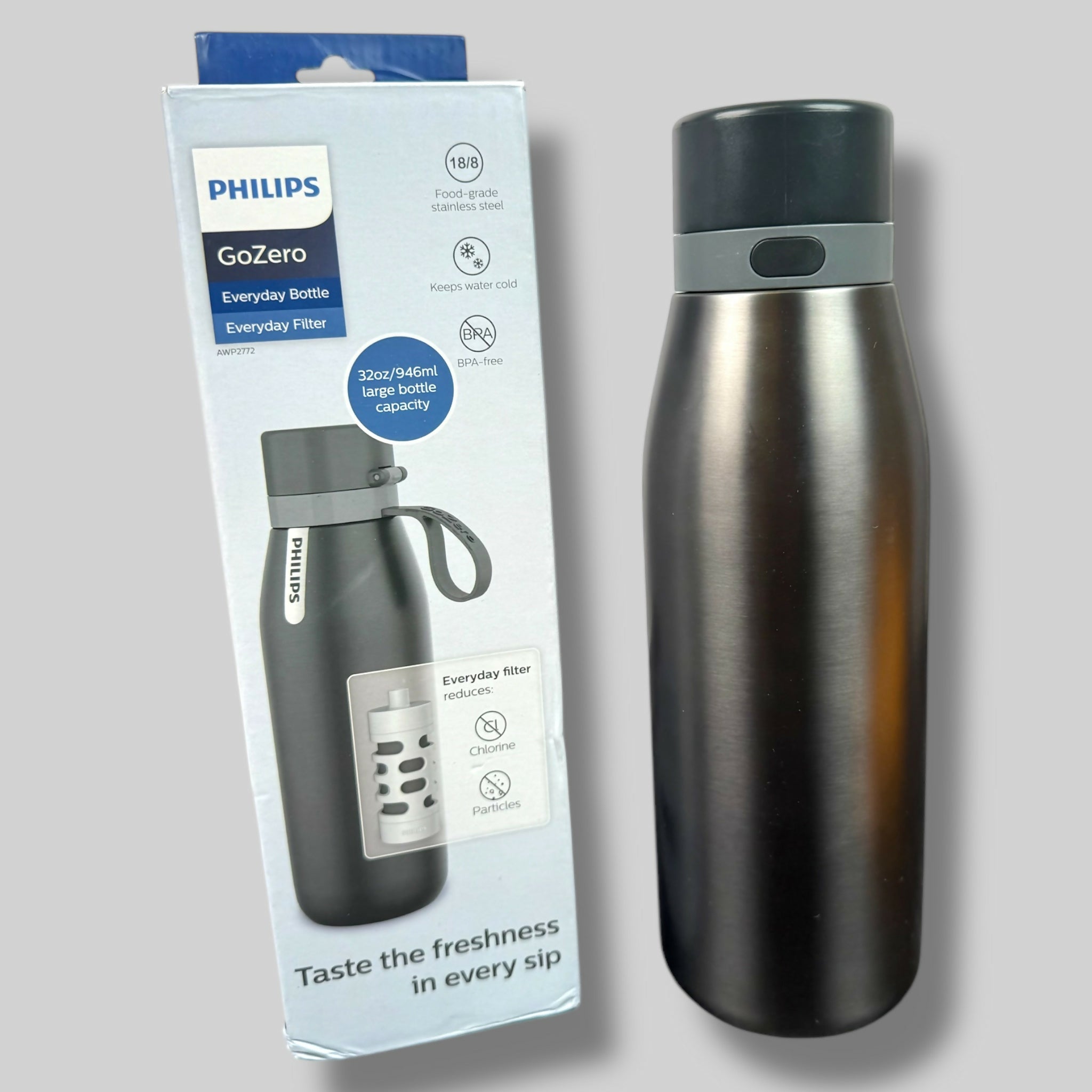 Philips GoZero 32oz Filtered Insulated Stainless Water Bottle Gray