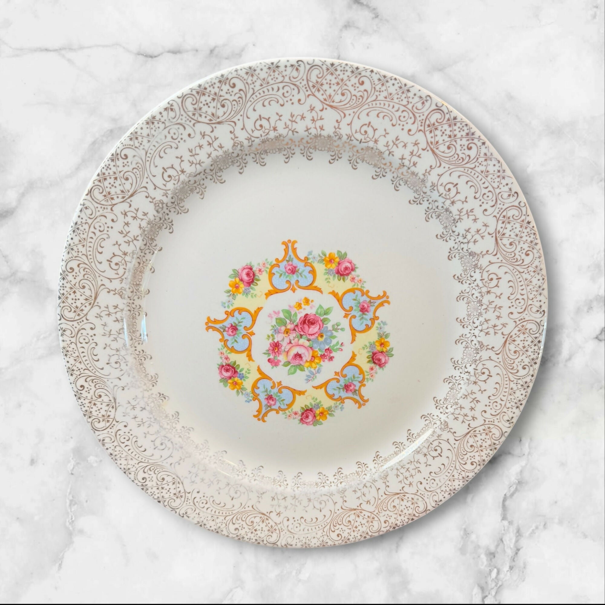Union Made 22K Gold Floral Dinner Plates | Set of 4 | Vintage Condition