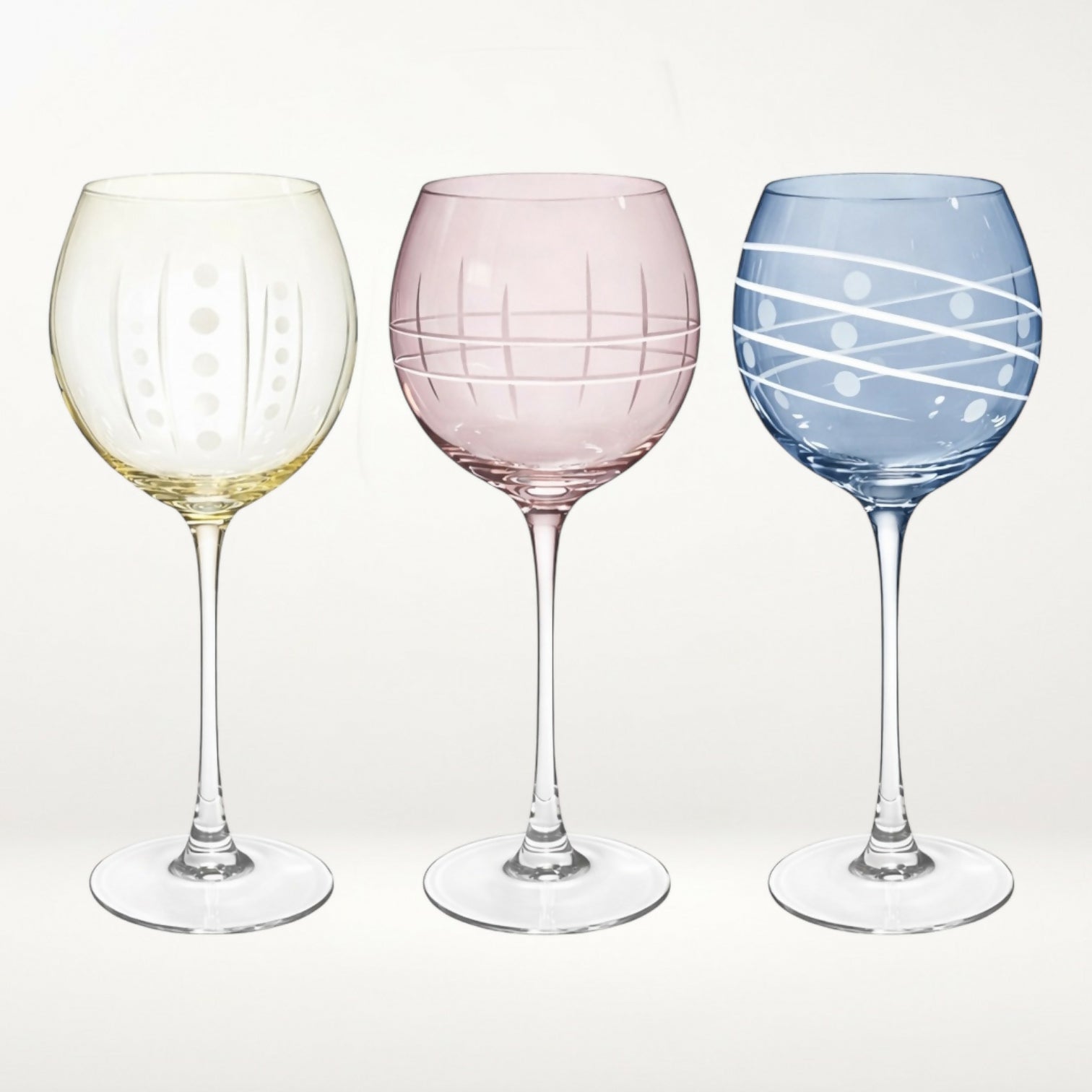 Hand Blown Colored Crystal Wine Glasses | Set of 3 | Multicolor | Excellent Condition