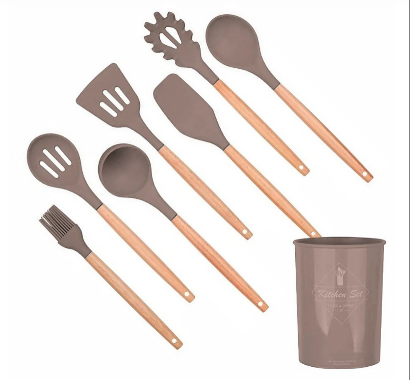 Anygleam Kitchen Utensils 7 Set Khaki Natural Beech Wooden Handle Cookware Tool with Storage Heat Resistant Non Stick Accessories