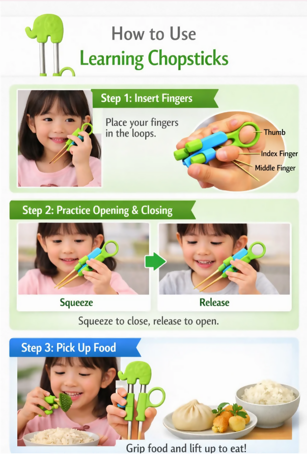 Anygleam Green Gold Elephant Chopsticks – 1 Pair | Reusable Stainless Steel Cartoon Kids Utensils
