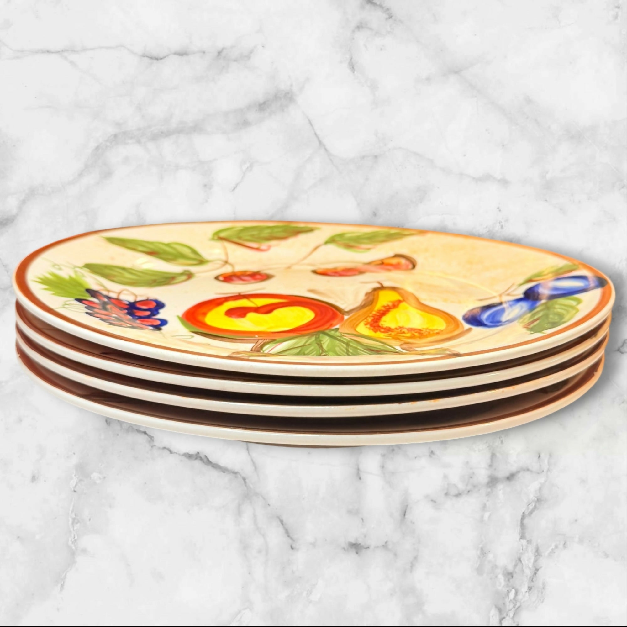 Vintage Handpainted Fruit Stoneware Dinner Plates Set of 4 | Excellent