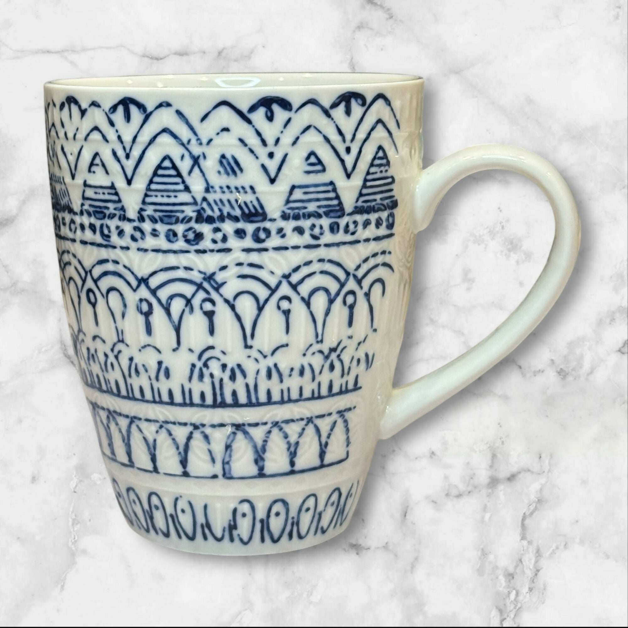 Pier 1 Embossed Blue & White Porcelain Mugs | Set of 2 | Excellent Condition