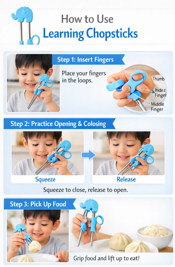 Anygleam Blue Silver Elephant Chopsticks – 1 Pair | Reusable Stainless Steel Cartoon Kids Utensils