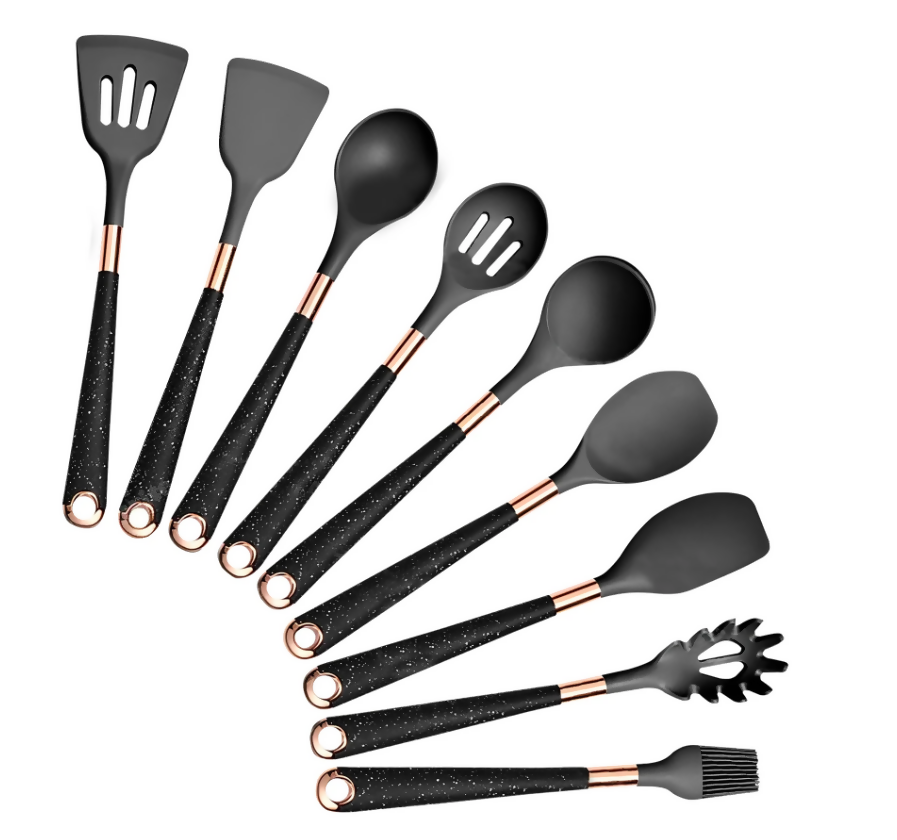 Anygleam Kitchen Utensils Non-stick Black 9 Set Gold Plated Handle with Support Point Cooking Tool Accessories Heat Resistant Kitchenware
