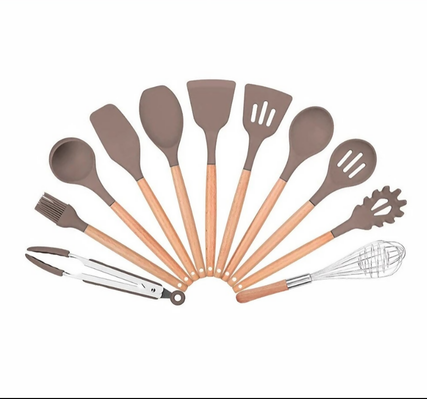 Anygleam Kitchen Utensils 11 Set Natural Beech Wooden Handle Cookware Tool Heat Resistant Non Stick Accessories