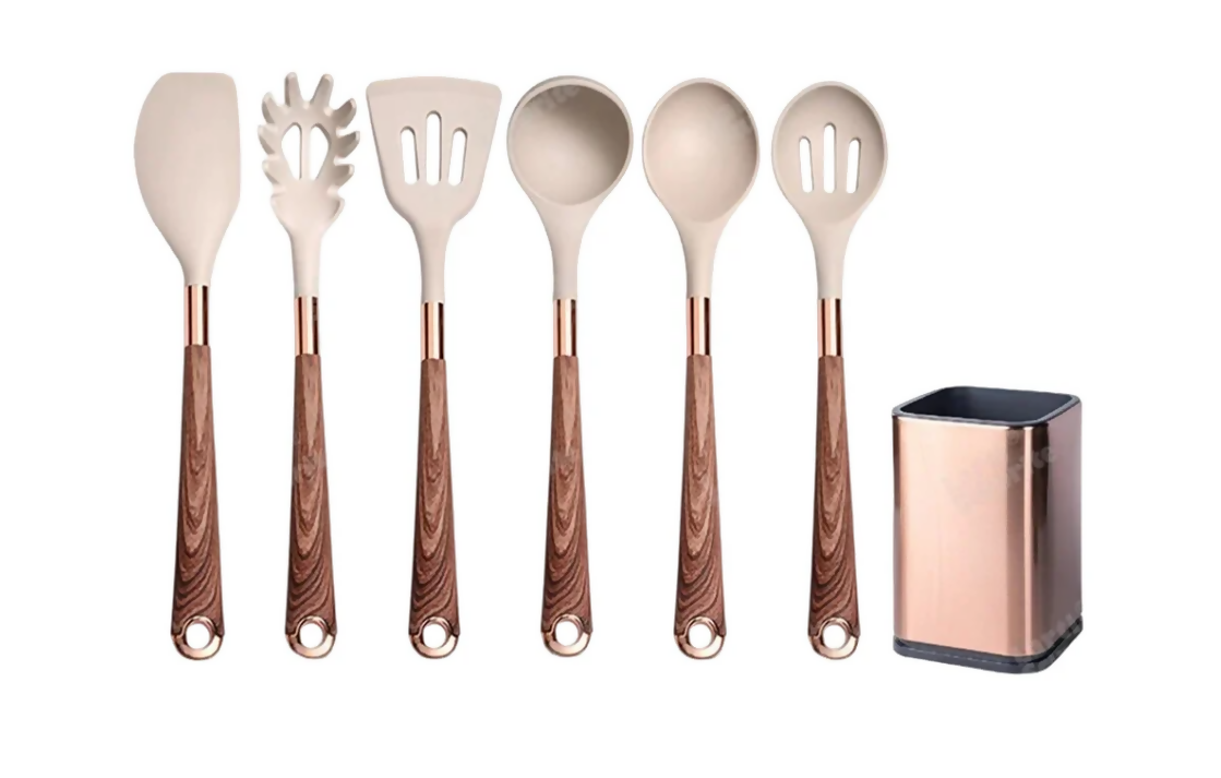 Anygleam Kitchen Utensils Non-stick Brown 6 Set Gold Plated Handle with Support Point and Storage Box Cooking Tool Accessories Heat Resistant Kitchenware