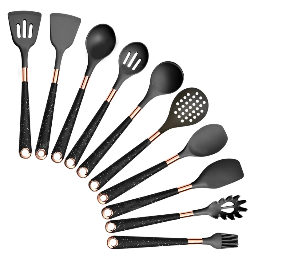 Anygleam Kitchen Utensils Non-stick Black 10 Set Gold Plated Handle with Support Point Cooking Tool Accessories Heat Resistant Kitchenware