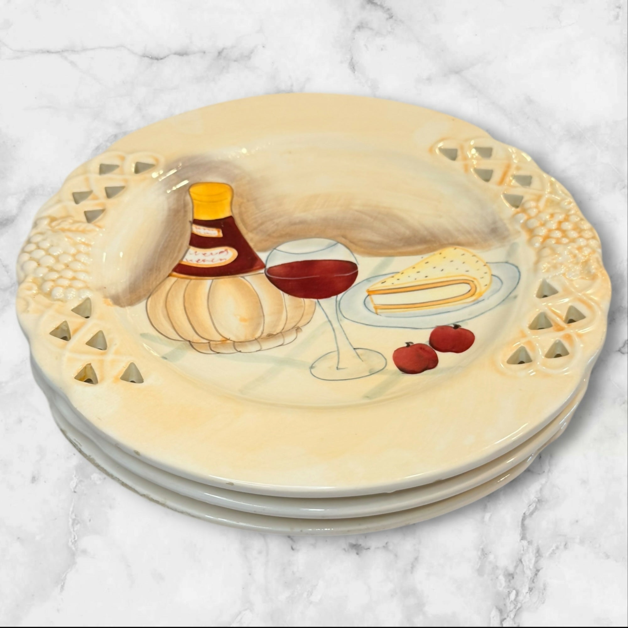 Wine & Cheese Ceramic Dinner Plates | Set of 3 | Gently Used