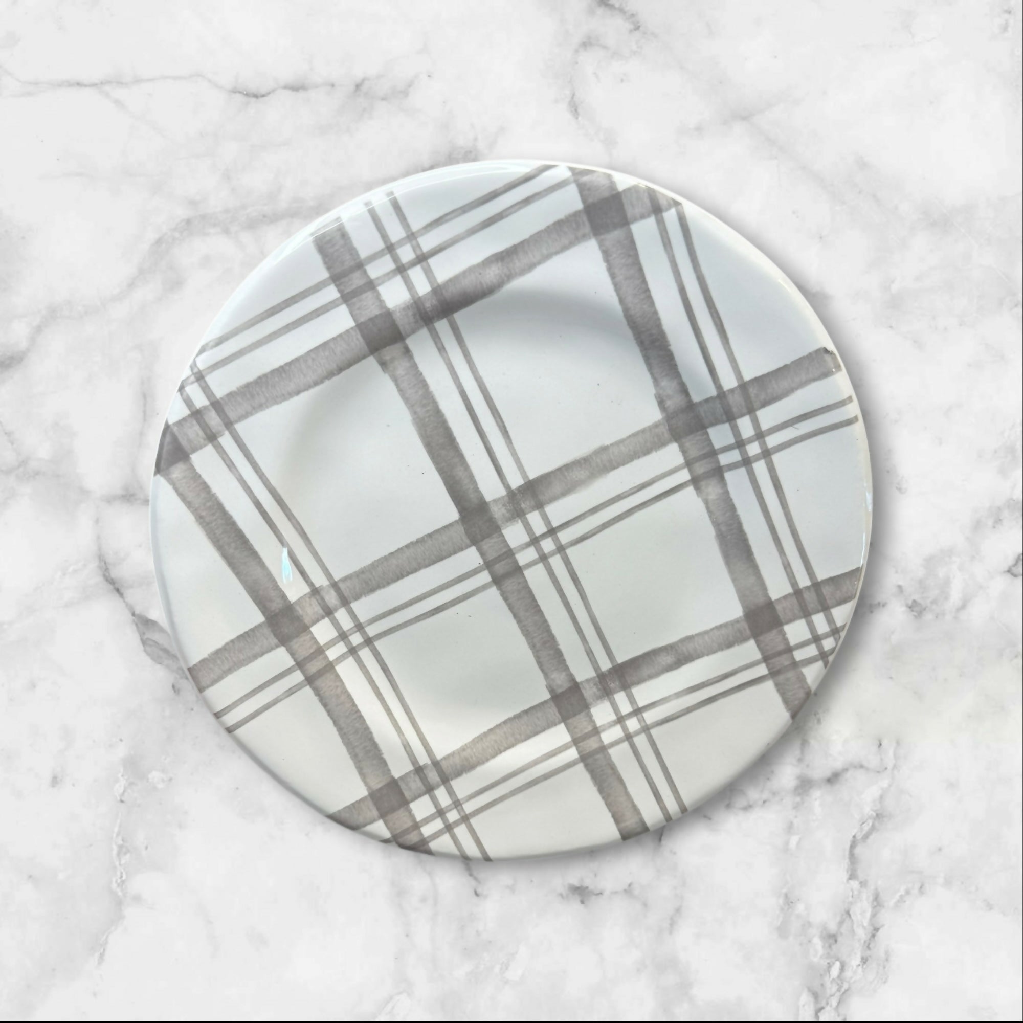 Pier 1 Linen Gray Plaid Salad Plates | Set of 6 | Ironstone | Excellent Condition