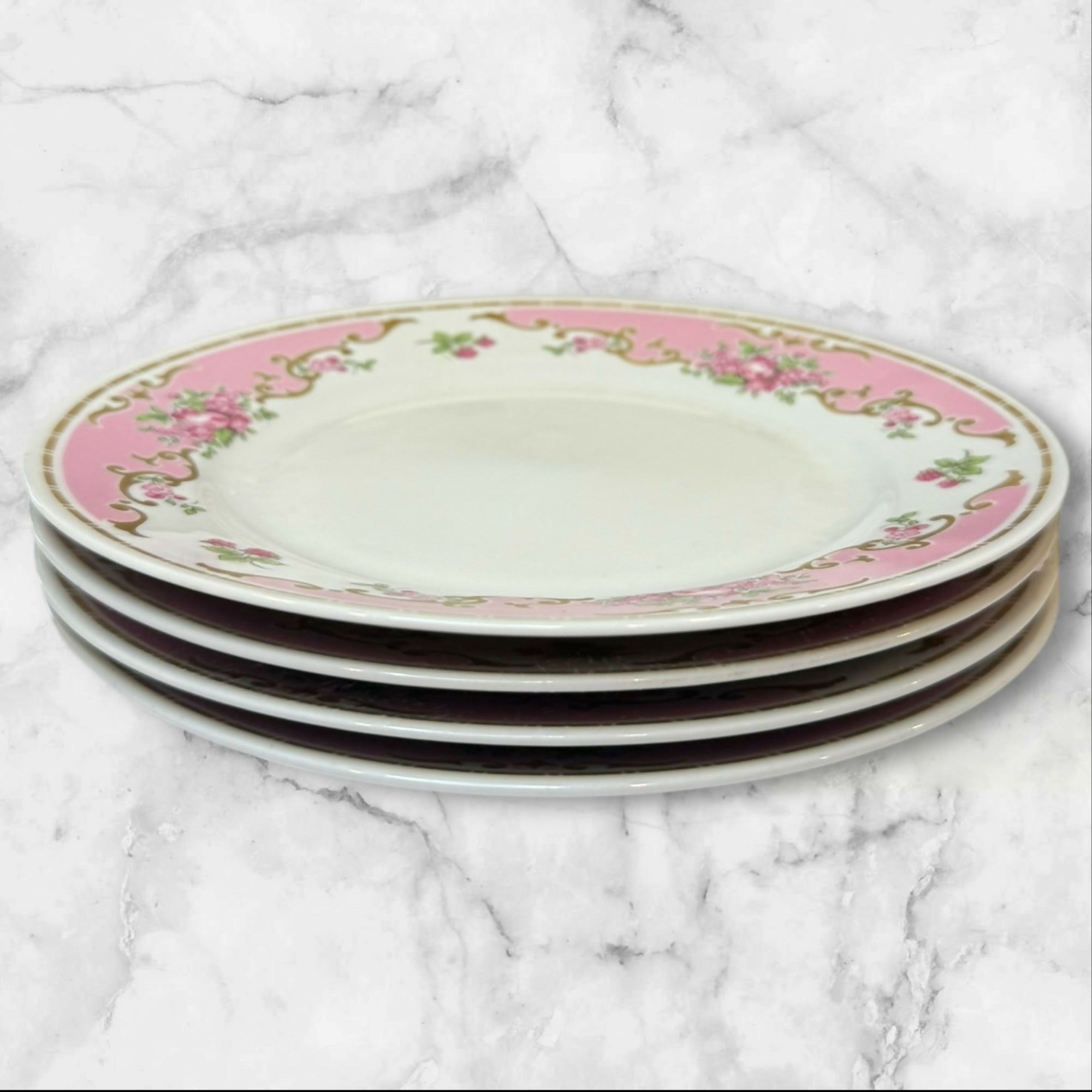 Vintage Ilmenau GDR Pink Floral Gold Porcelain Salad Plates | Set of 4 | Vintage