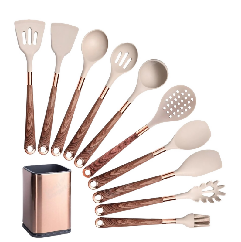 Anygleam Kitchen Utensils Non-stick Brown 10 Set Gold Plated Handle with Support Point and Storage Box Cooking Tool Accessories Heat Resistant Kitchenware
