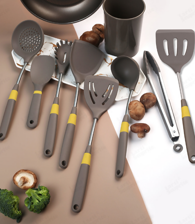 Anygleam Cooking Utensil 5 Set Khaki Heat Resistant Tools Spatula Kit with 1 Tong and 1 Rice Spatula Kitchen Accessories Kitchenware for Nonstick Cookware