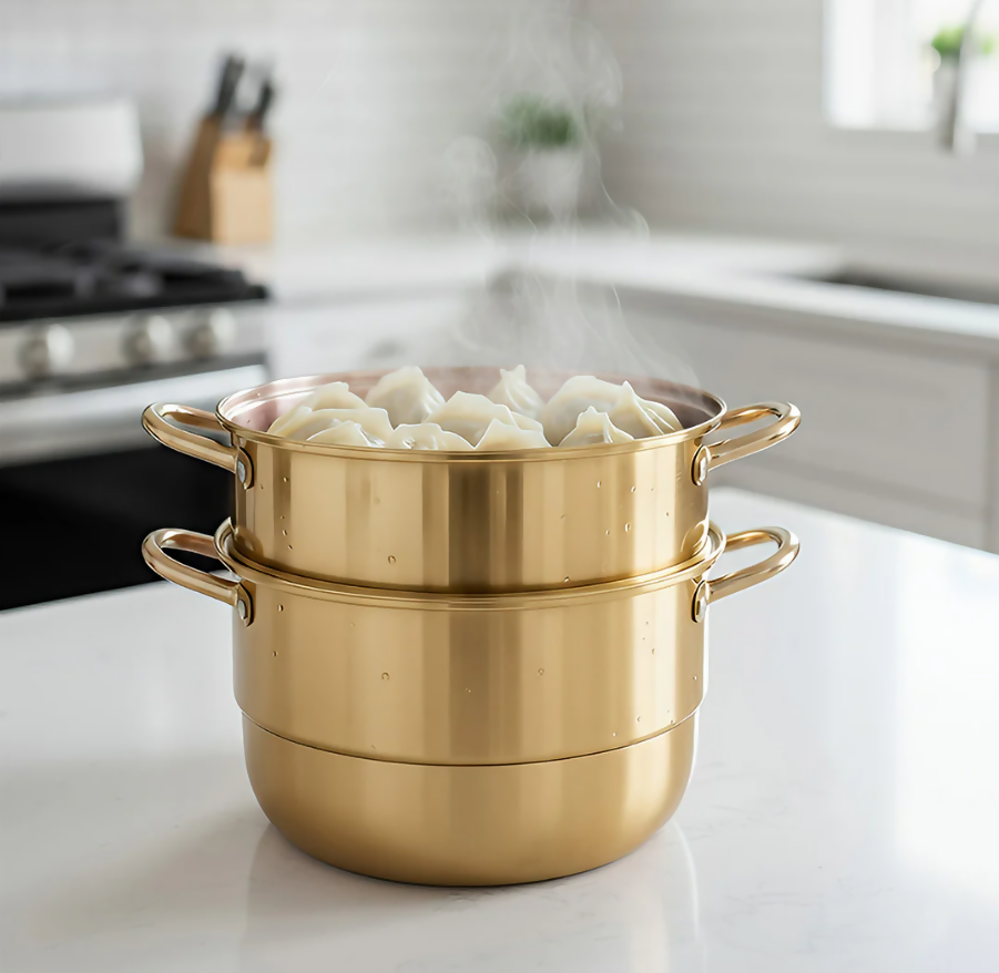 Anygleam Food Steamer Gold Three Layer Thick Stainless Steel Universal Cooking for Induction Cooker Gas Stove Steam Pot
