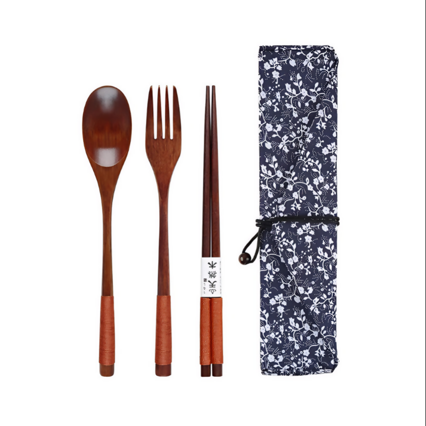 Anygleam 3pcs Orange Blue Pouch Set – Wooden Spoon Fork Chopsticks