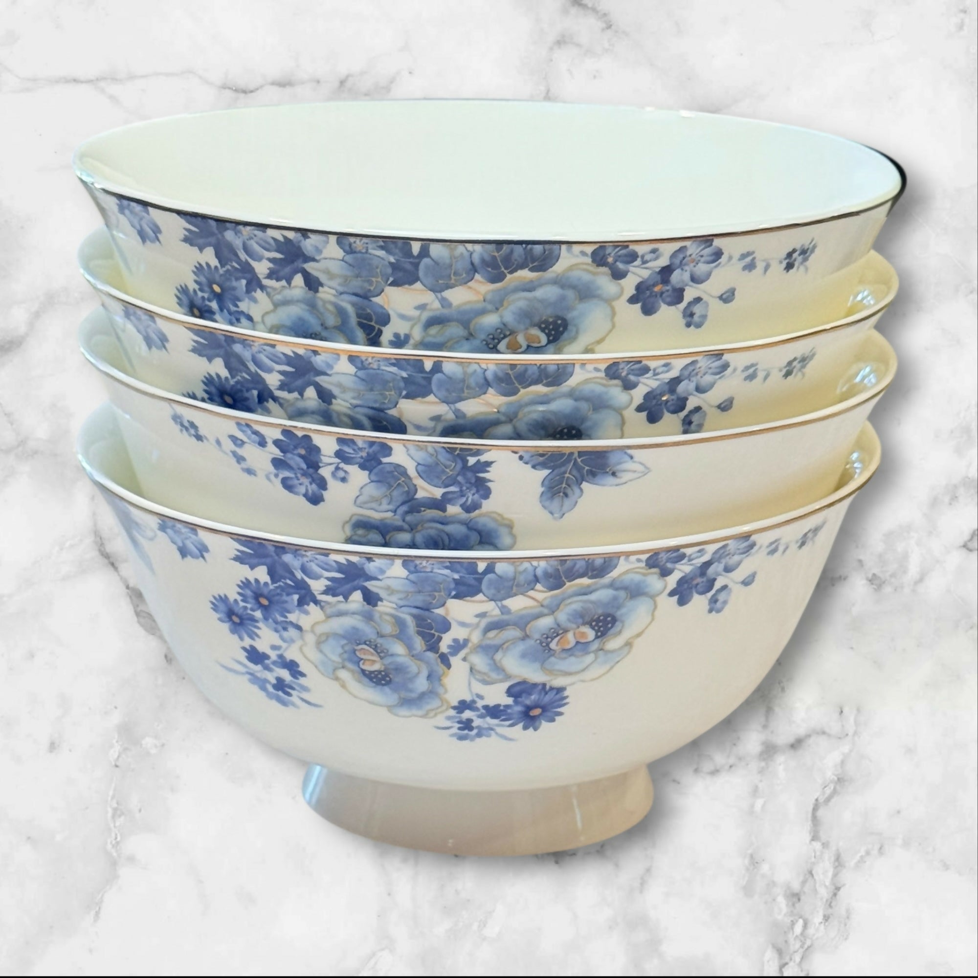 Vintage Blue Floral Footed Porcelain Bowls | Set of 4 | Excellent