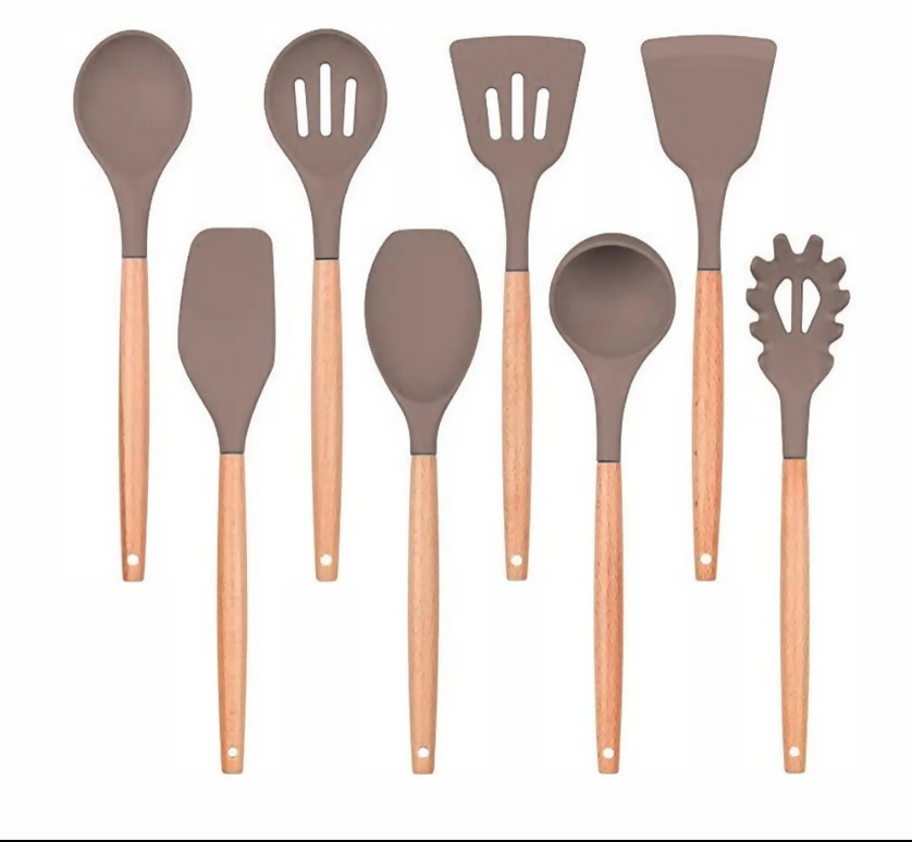 Anygleam Kitchen Utensils 8 Set Natural Beech Wooden Handle Cookware Tool Heat Resistant Non Stick Accessories