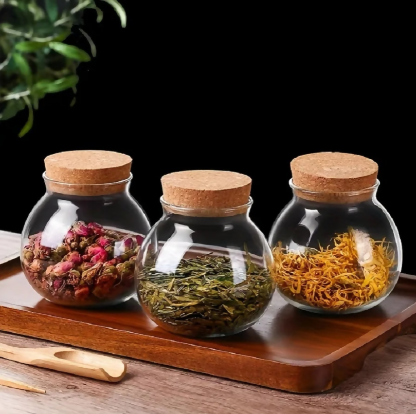 Anygleam Condiments Container Round Glass Jar Storage with Cork Lid Kitchen Organizer