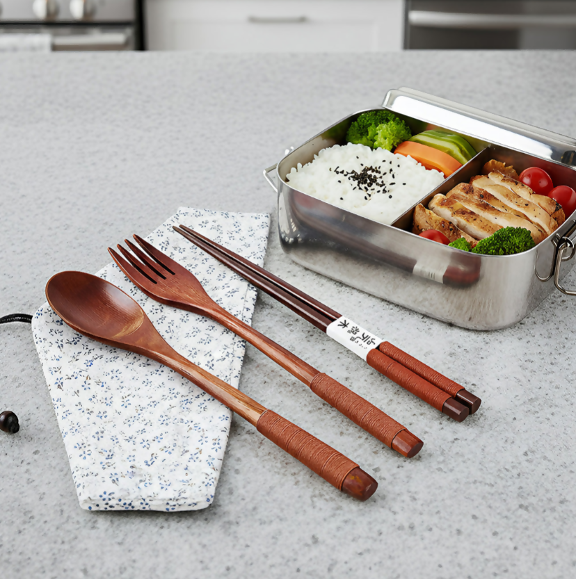 Anygleam 3pcs Orange White Pouch Set – Wooden Cutlery Travel Kit