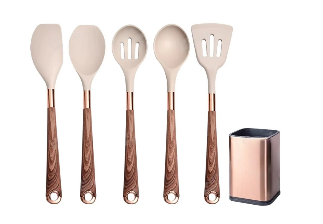 Anygleam Kitchen Utensils Non-stick Brown 5 Set Gold Plated Handle with Support Point and Storage Box Cooking Tool Accessories Heat Resistant Kitchenware