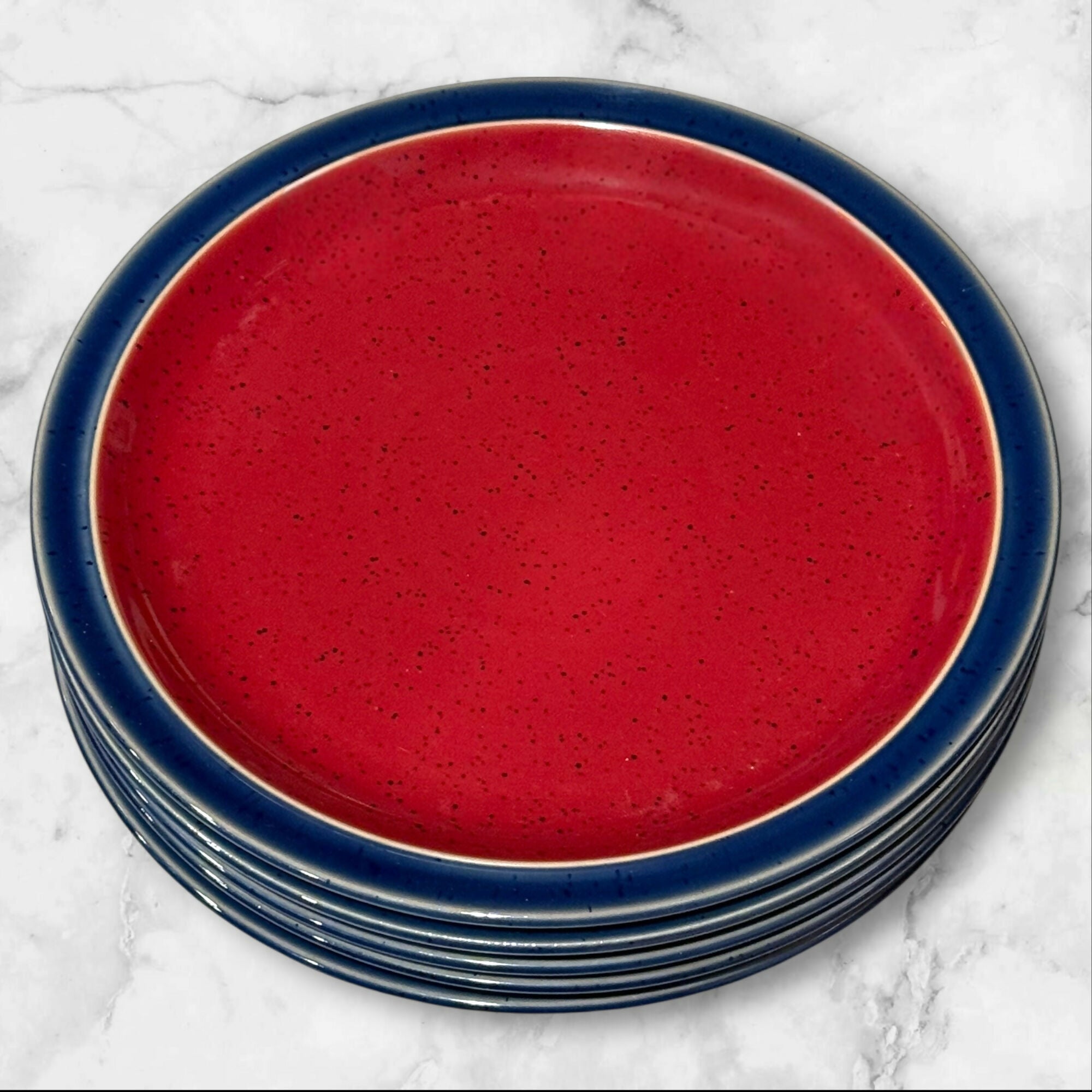 Denby-Langley Harlequin Red Blue Stoneware Salad Plates | Set of 5 | Great Condition