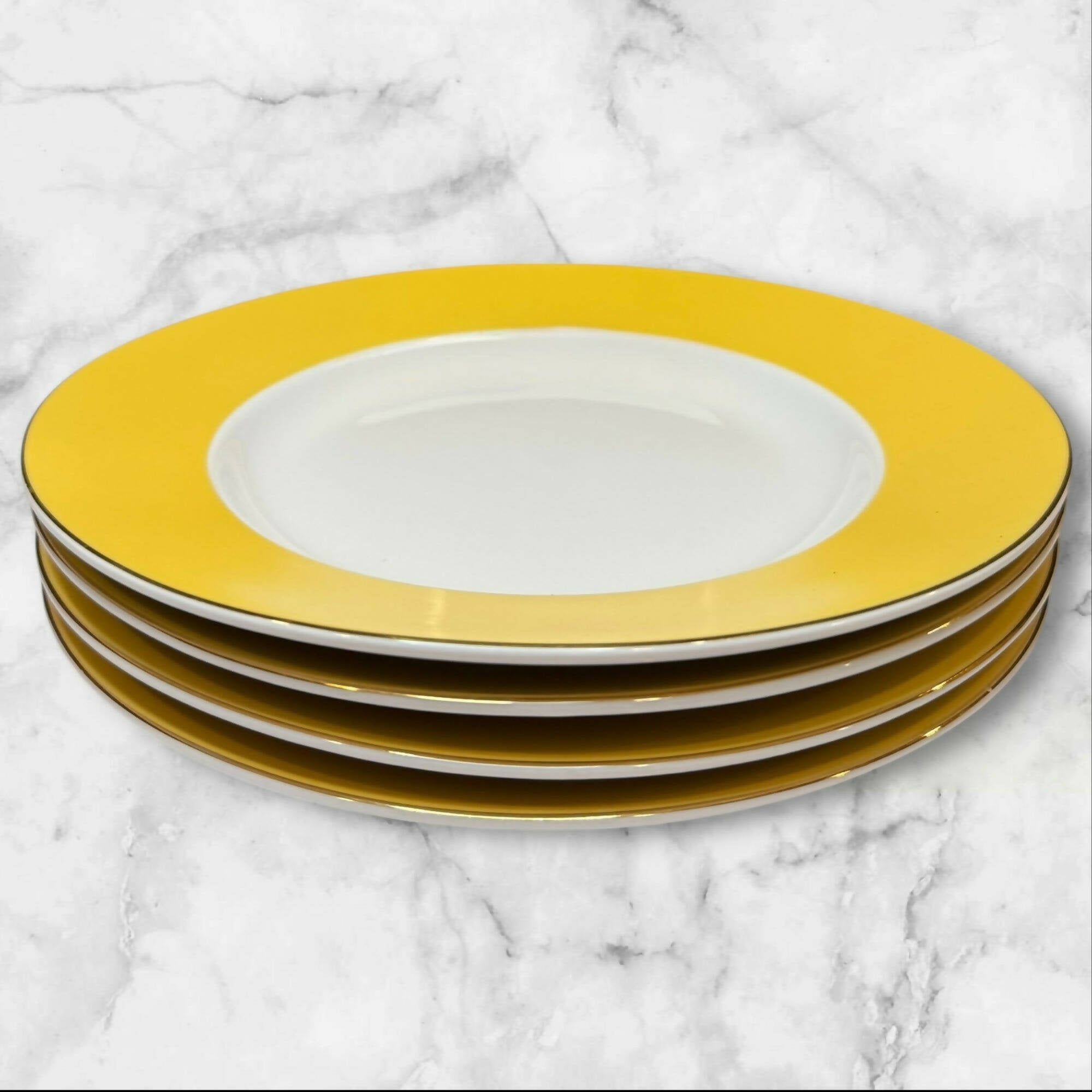 Pottery Barn Great White Yellow Gold Rim Dinner Plates | Set of 4 | Excellent