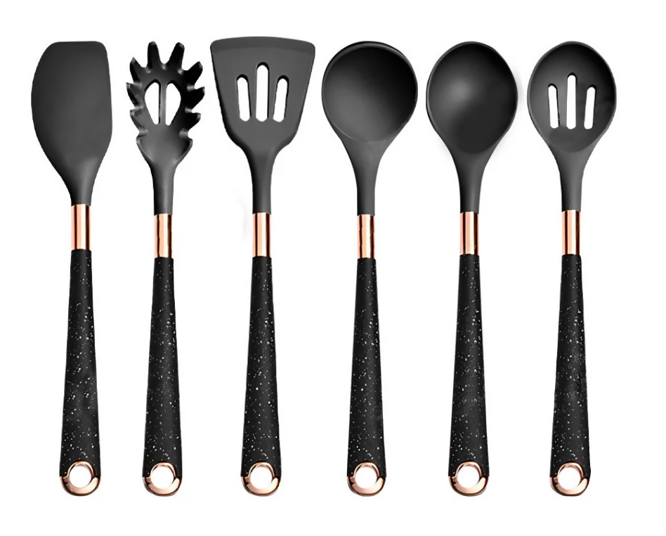 Anygleam Kitchen Utensils Non-stick Black 6 Set Gold Plated Handle with Support Point Cooking Tool Accessories Heat Resistant Kitchenware