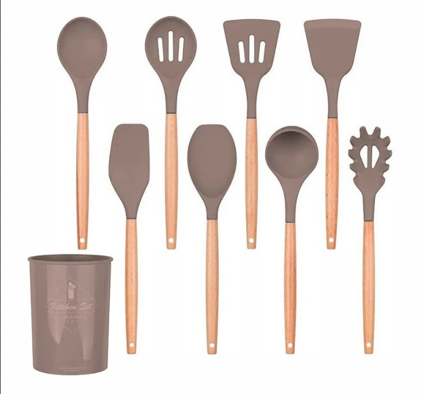 Anygleam Kitchen Utensils 8 Set Natural Beech Wooden Handle Cookware Tool with Storage Heat Resistant Non Stick Accessories