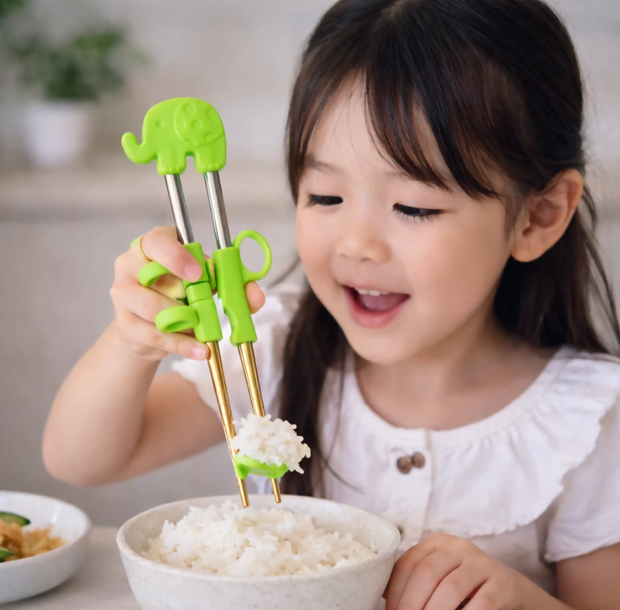 Anygleam Green Silver Elephant Chopsticks – 1 Pair | Reusable Stainless Steel Cartoon Kids Utensils