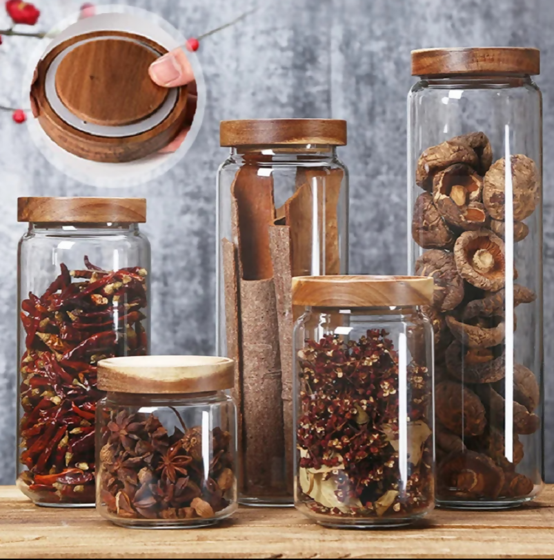 Anygleam Condiments Container 4Pcs Glass Jar Storage With Airtight Wooden Lids Canister