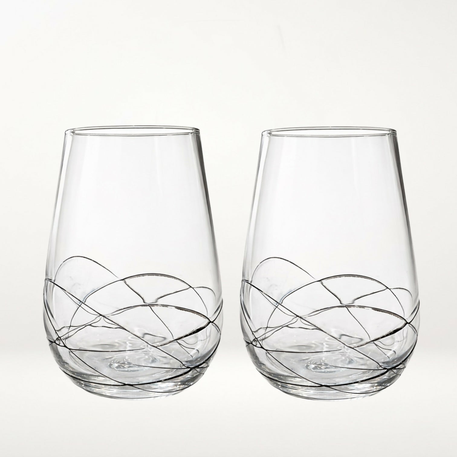 Modern Clear Stemless Wine Glasses with Black Swirl | Set of 2 | Excellent Condition
