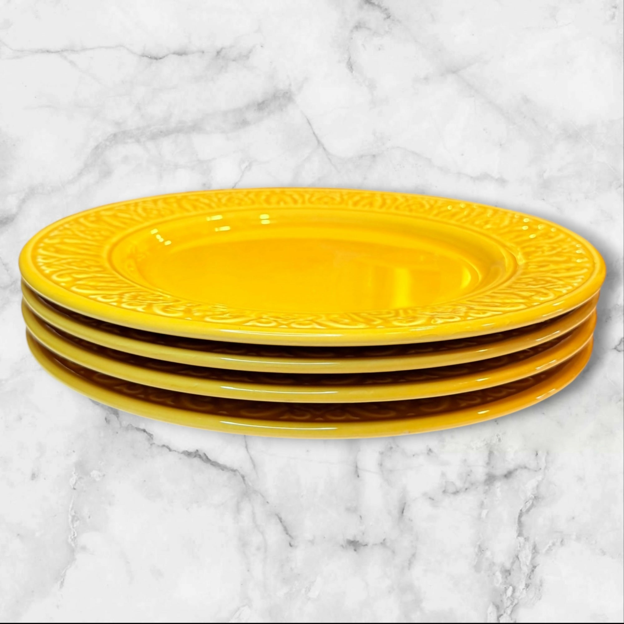 World Market Embossed Yellow Dinner Plates Set of 4 | Good Condition