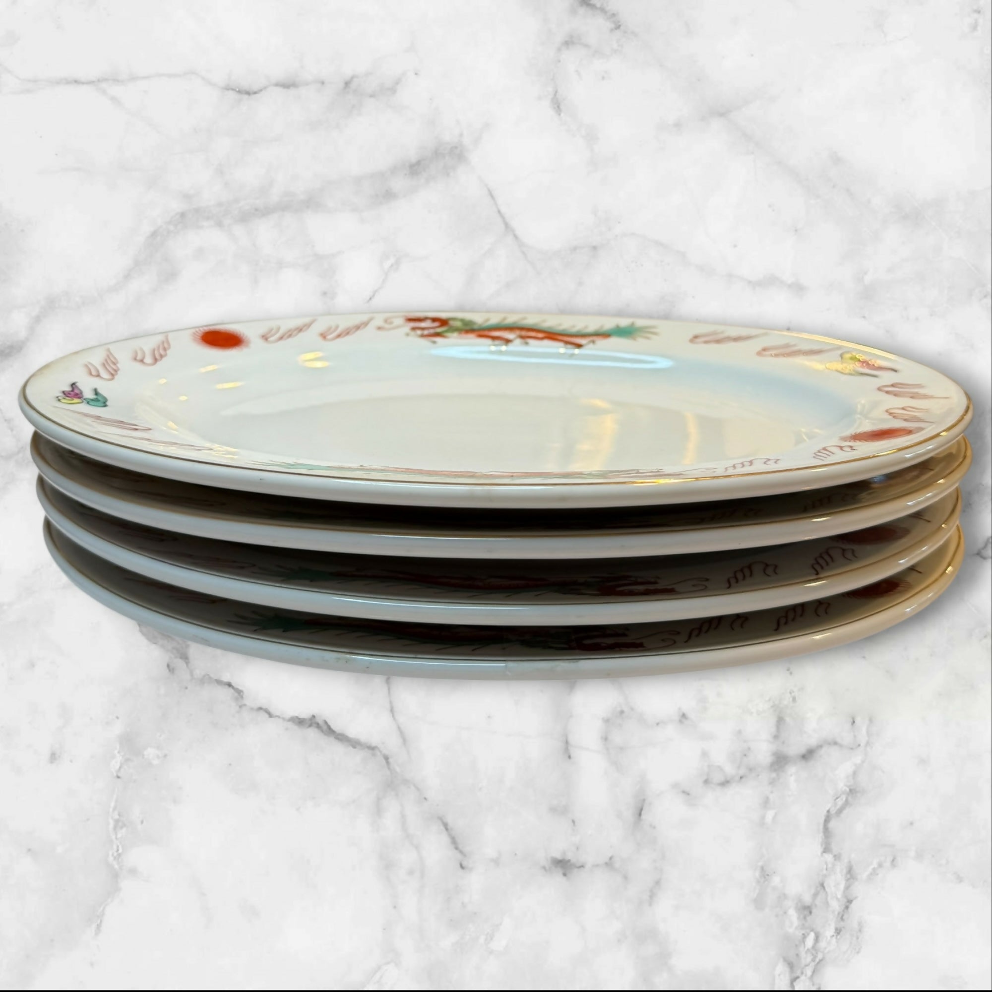 Vintage Red Dragon Oval Dinner Plates Set of 4 | Chinese Restaurant Ware | Exc