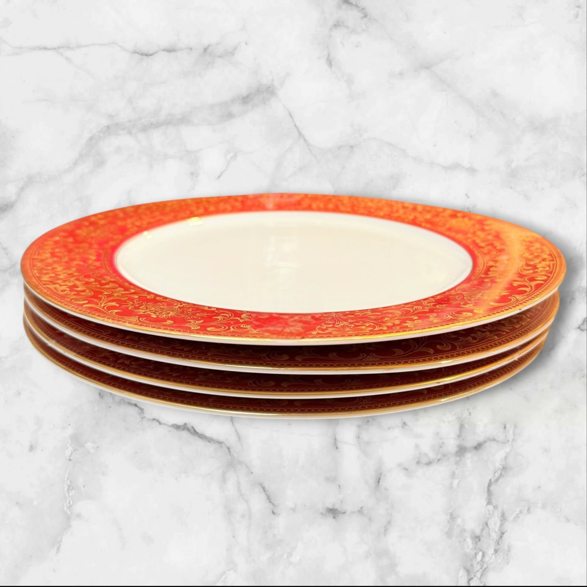 Set of 4 Modern China Prince George Dinner Plates 10.5 Inch Red Gold Trim