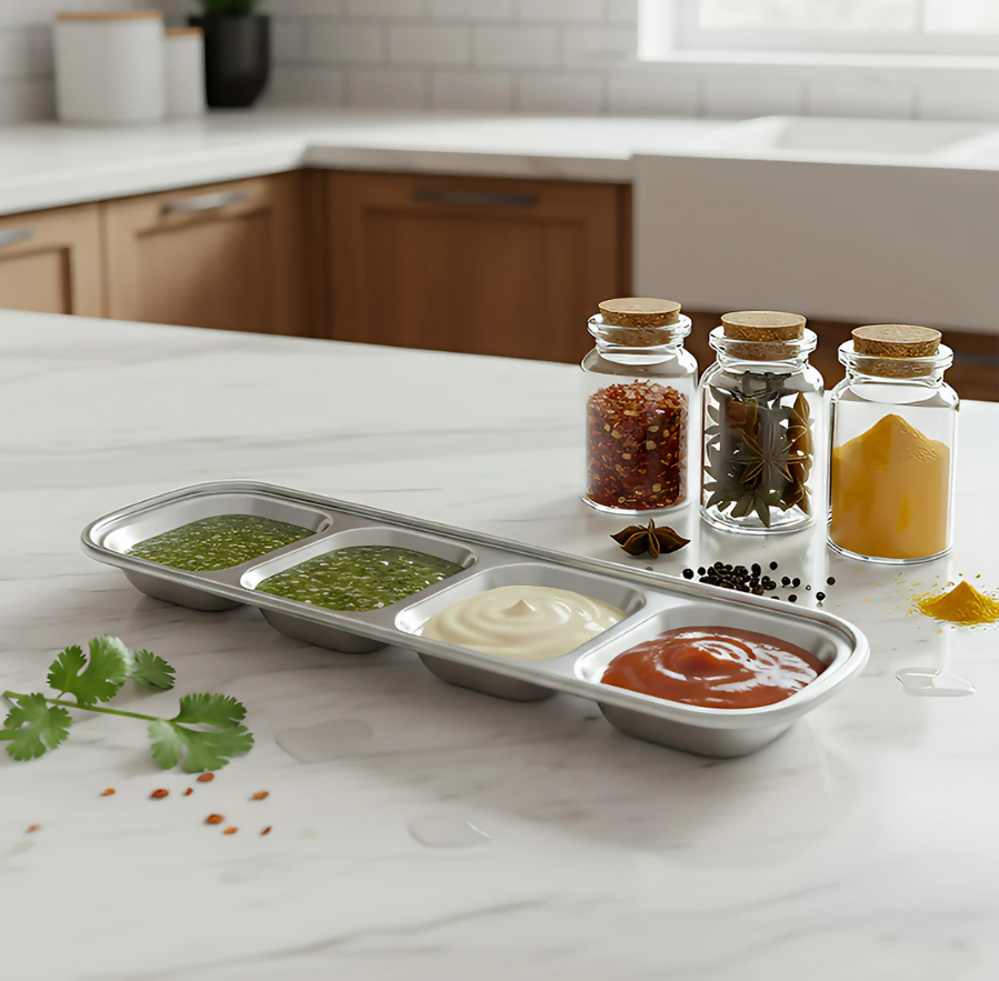 Anygleam Silver Stainless Steel 4-Grid Sauce Dish – Seasoning & Dipping Plates for Kitchenware