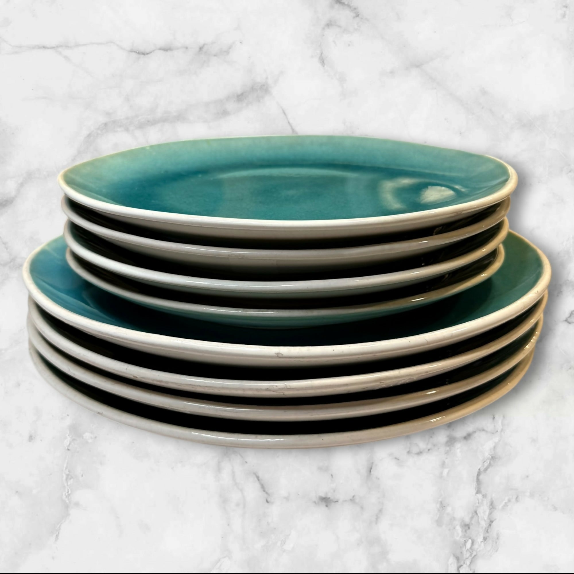 Roscher & Co Crackle Glass Turquoise Dinner & Salad Plates | Set of 8 | Good Condition