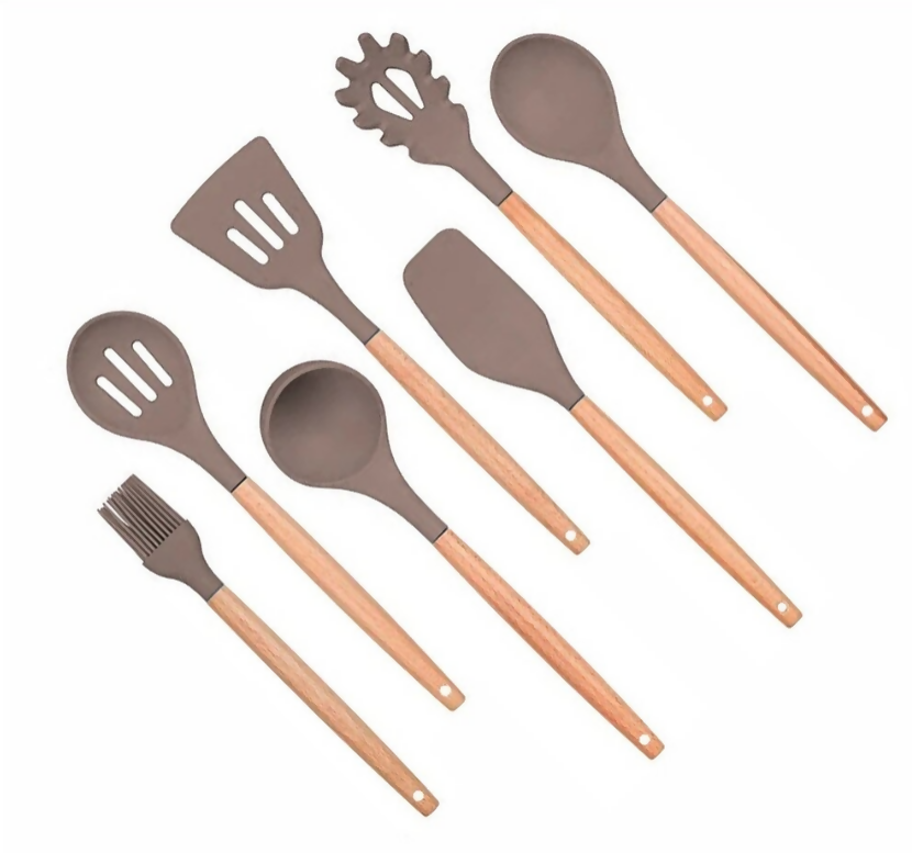 Anygleam Kitchen Utensils 7 Set Khaki Natural Beech Wooden Handle Cookware Tool Heat Resistant Non Stick Accessories