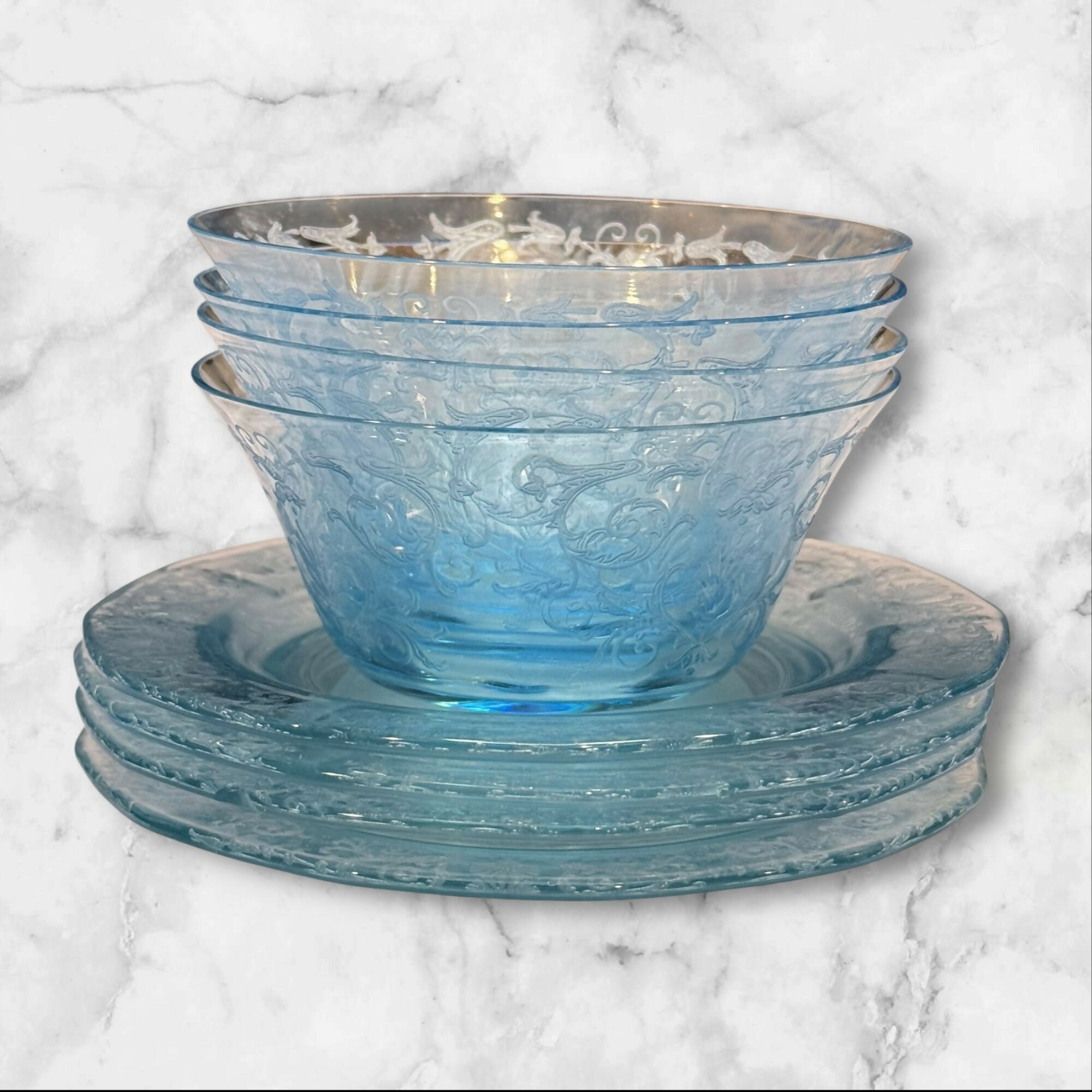 Fostoria Versailles Blue Finger Bowls & Underplates | Set of 4 | Great
