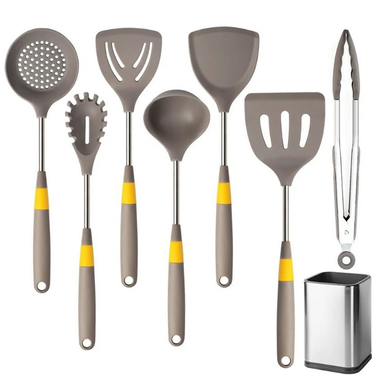 Anygleam Cooking Utensil 7 Set Khaki Heat Resistant Tools with 1 Storage for Spatula Kit Kitchen Accessories Kitchenware for Nonstick Cookware
