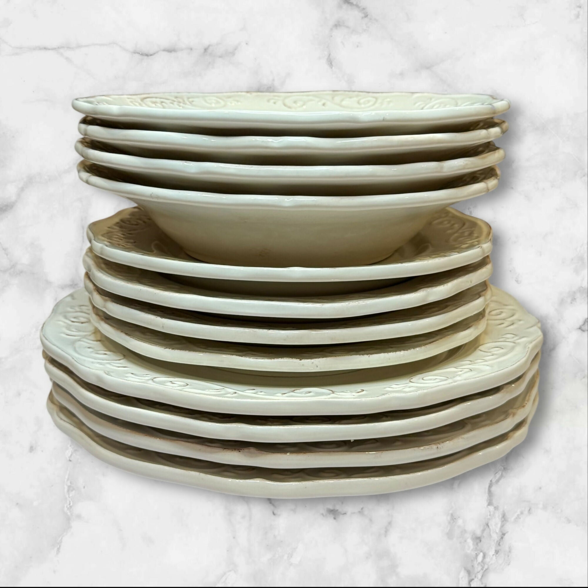 Artimino Baroque Beige Dinner, Salad & Soup Bowls | Set of 12 | Excellent Condition