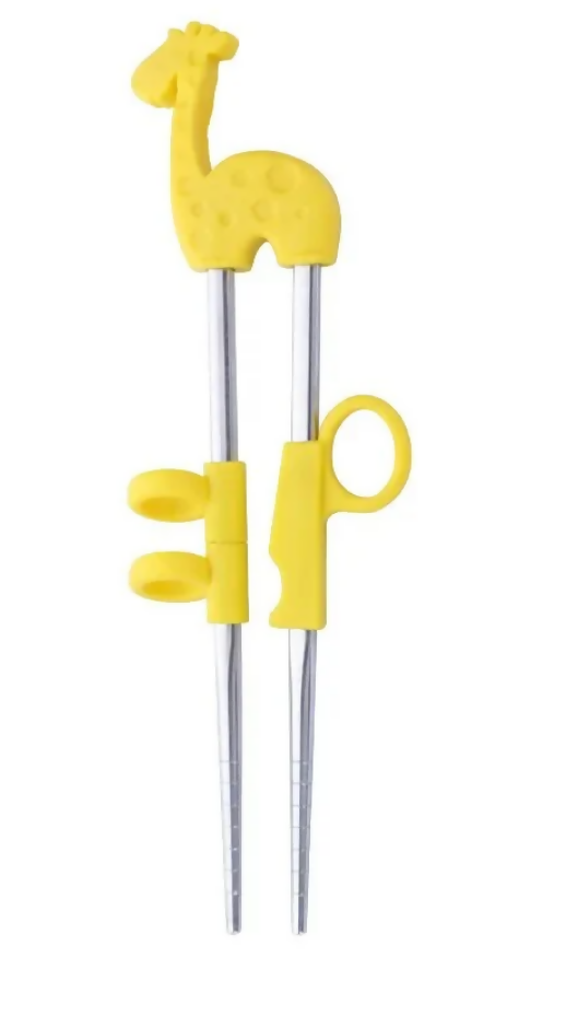 Anygleam Yellow Silver Giraffe Chopsticks – 1 Pair | Reusable Stainless Steel Cartoon Kids Utensils