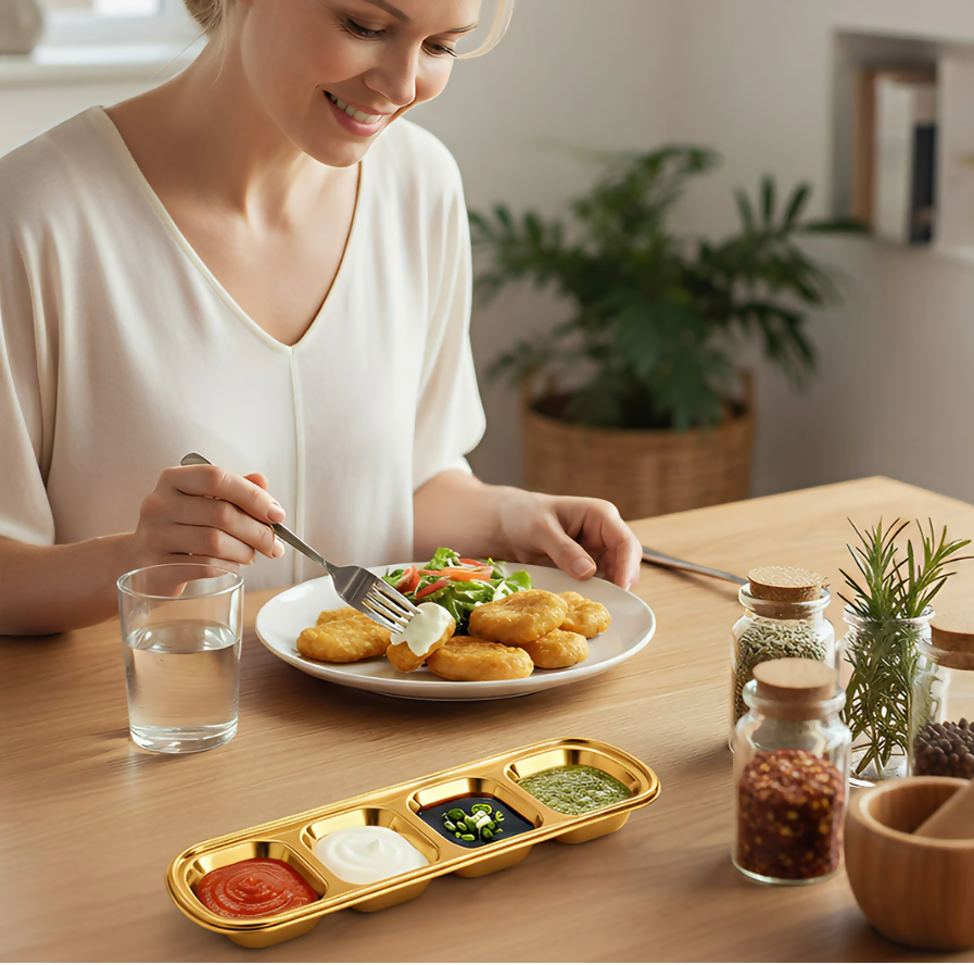 Anygleam Gold Stainless Steel 4-Grid Sauce Dish – Seasoning & Dipping Plates for Kitchenware
