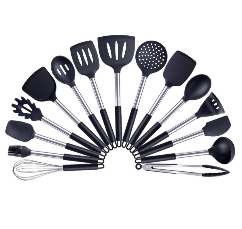 Anygleam Kitchen Utensils Non-stick Black/ Silver 15 Set Cooking Tool Accessories Heat Resistant Kitchenware