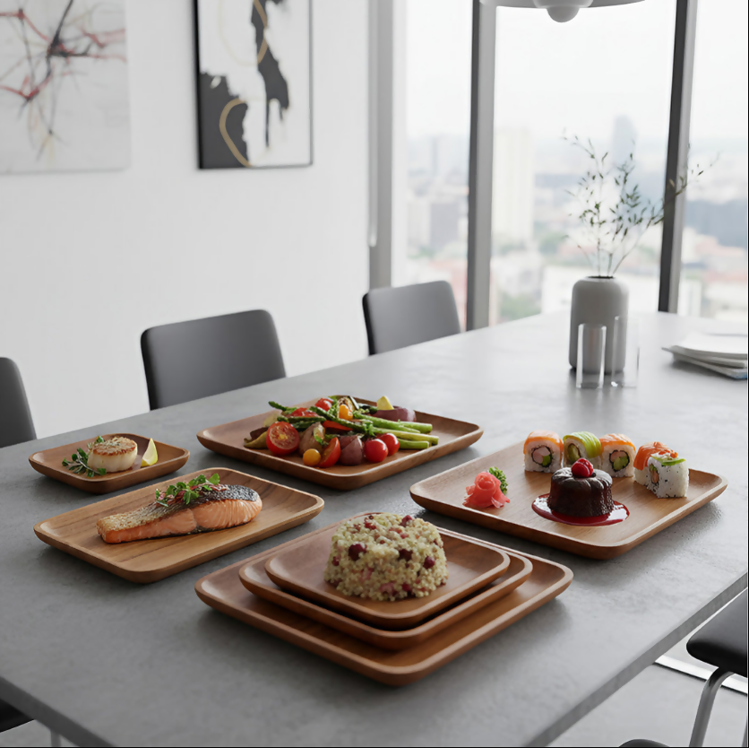 Anygleam Brown 6pcs Acacia Wood Plate Food Kitchen Tableware