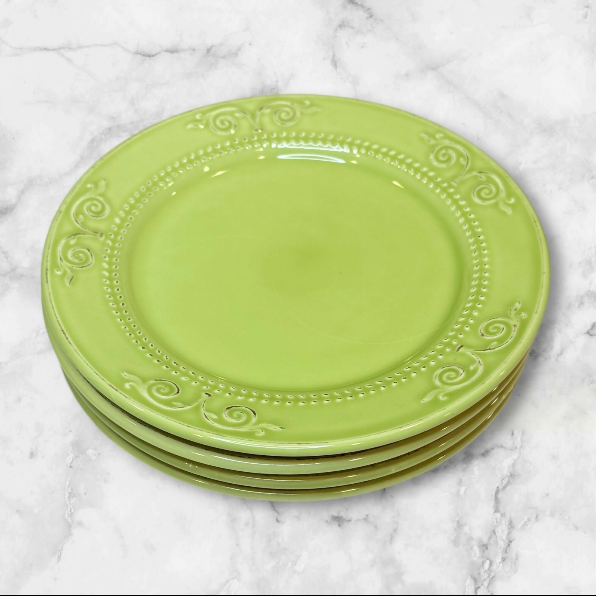 Matceramica Green Scroll Salad Plates | Portuguese Stoneware | Set of 4 | Excellent