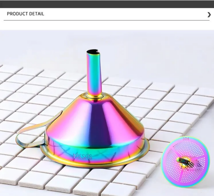 Anygleam Stainless Steel Funnel with Detachable Strainer –1 Pc Pink Rainbow Wide Cone Mouth for Small Jars, Silver Kitchen Utensil