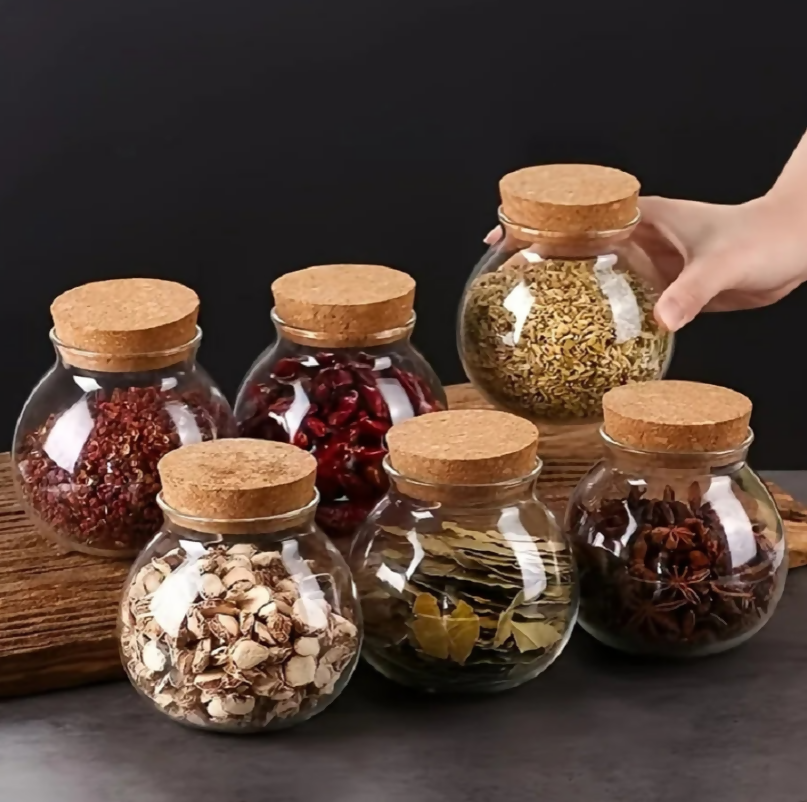Anygleam Condiments Container Round Glass Jar Storage with Cork Lid Kitchen Organizer
