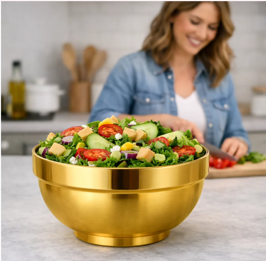 Anygleam Gold Rice Bowls – 5Pcs Big Stainless Steel, Single-Layer Anti-Scalding Cooking Utensils