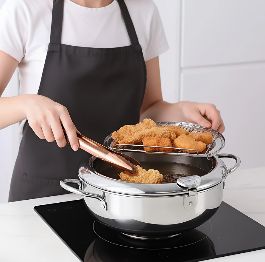 Anygleam Frying Pan Silver Stainless Steel Thermometer Kitchen Utensils Tempura Fryer Pan Temperature Control Fried Cooking Tools