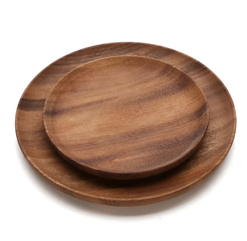 Anygleam Natural Wood 2pcs Round Wooden Plate Food Kitchen Tableware
